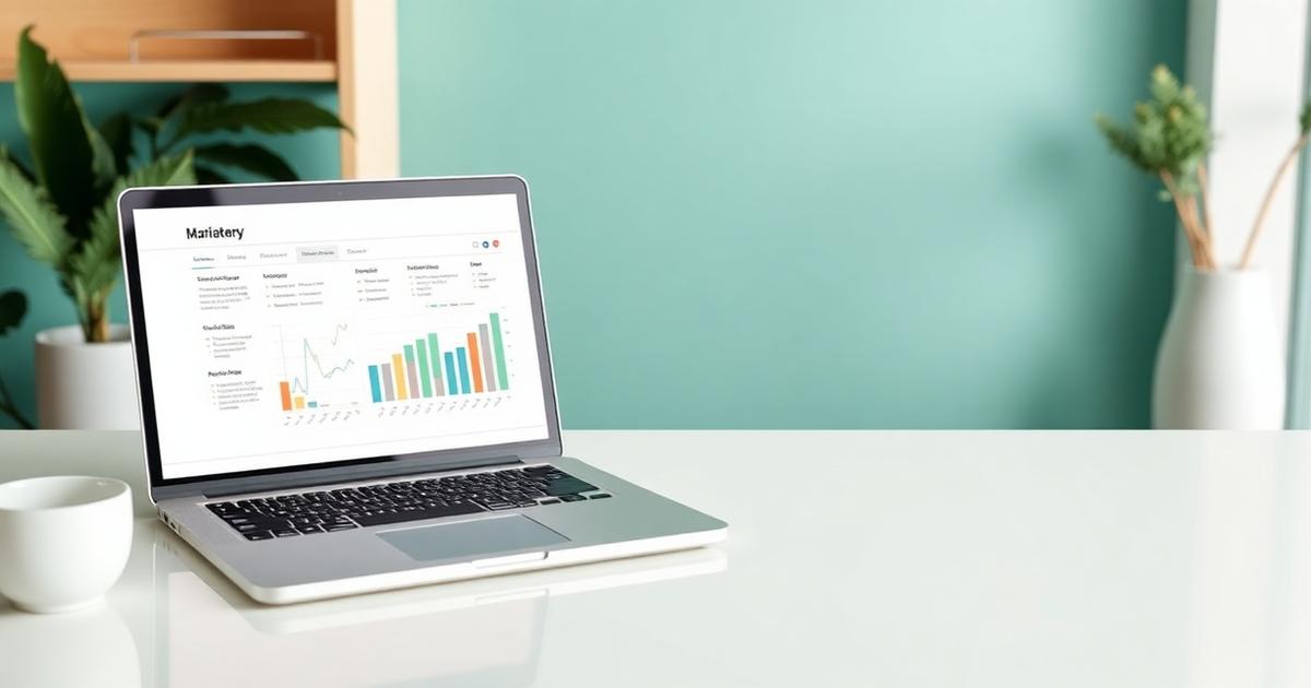 Clinic marketing plan and performance charts on a laptop in a bright office